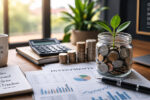 Coin jar with a growing plant beside investment charts and a calculator