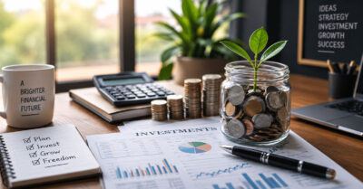 Coin jar with a growing plant beside investment charts and a calculator