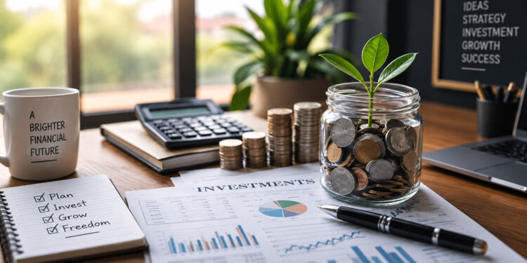 Coin jar with a growing plant beside investment charts and a calculator