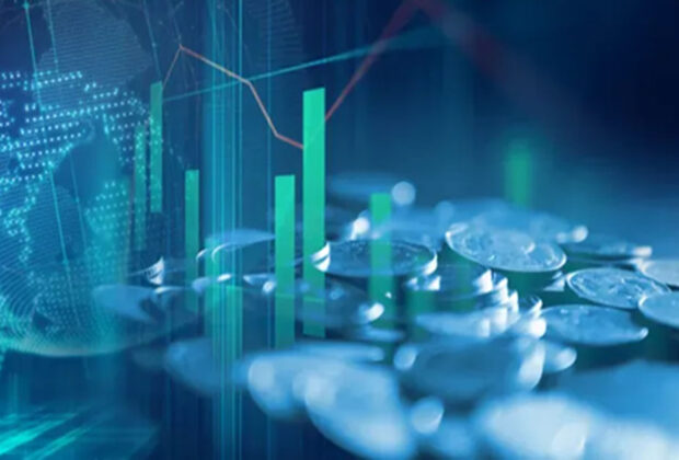 stacked coins with glowing green bar chart and digital globe overlay