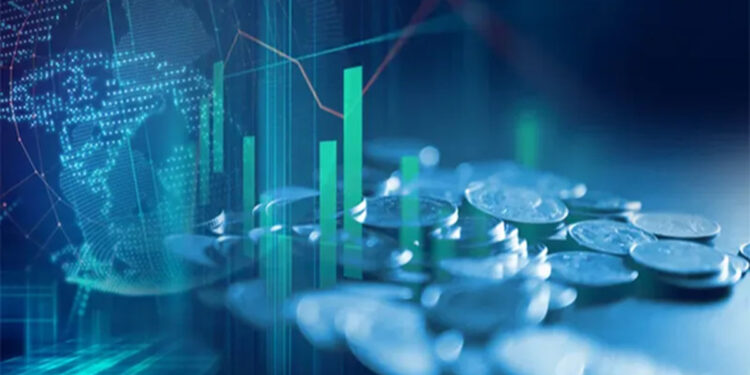stacked coins with glowing green bar chart and digital globe overlay