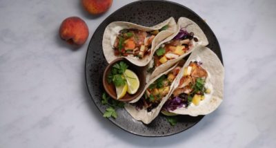 Jerk Salmon Tacos, South African Peach and Toasted Coconut Salsa recipe