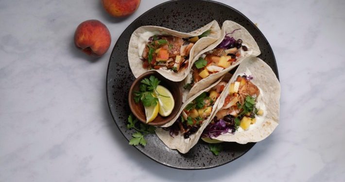Jerk Salmon Tacos, South African Peach and Toasted Coconut Salsa recipe