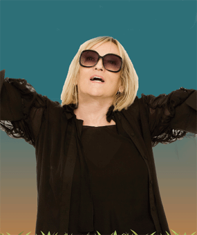 dj annie nightingale arms wide open in shades blue background