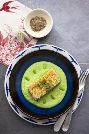 baked fishcake with edamame puree