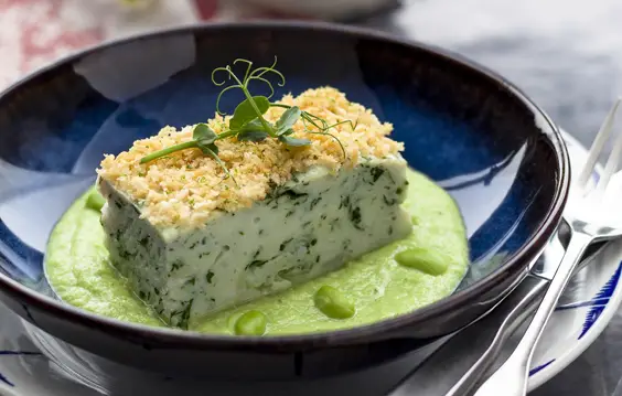 baked fishcake with edamame puree