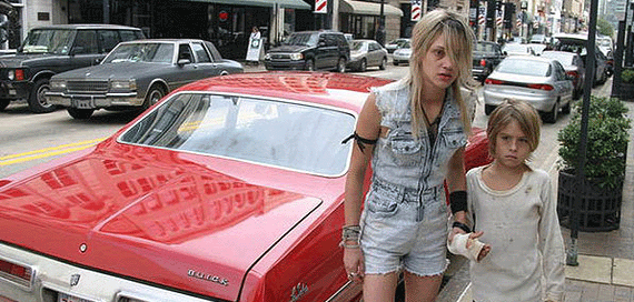 red car on american street girl in denim heart is deceitful above all things