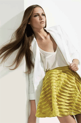 david reiss model reiss green yellow skirt white jacket long hair
