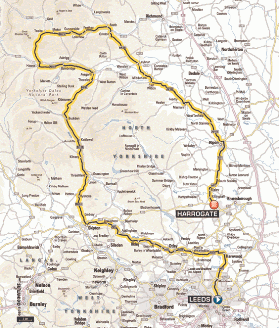map tour de france showing the route through yorkshire from leeds