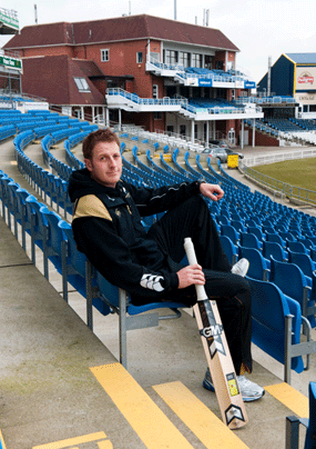 yorkshire cricketer andrew gale sitting in headingley with cricket bat