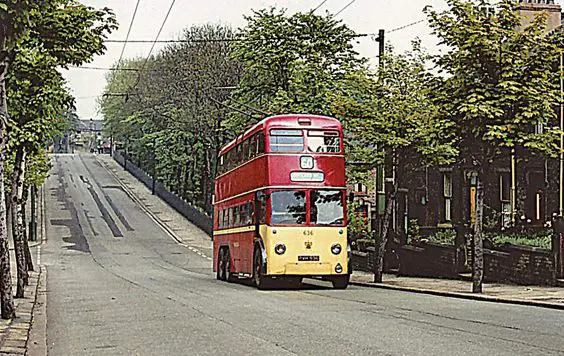 huddersfield trolleys and buses history P38 Service 60 also ran from this area through to Crosland Hill. At Birkby Hall Road trolleybus No. 636 is heading to Birkby, having just passed Norman Park