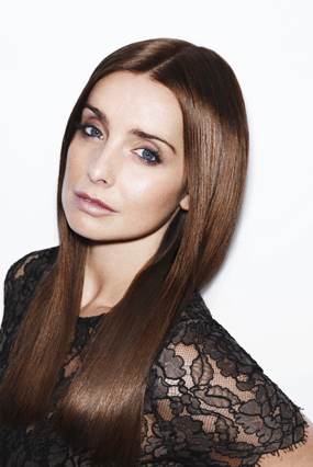 louise redknapp long straight brown hair lace black dress