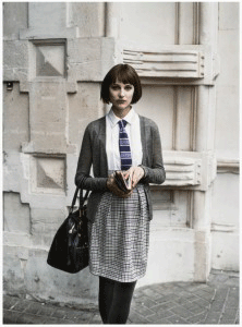 paul smith female model grey cardigan skirt black bag