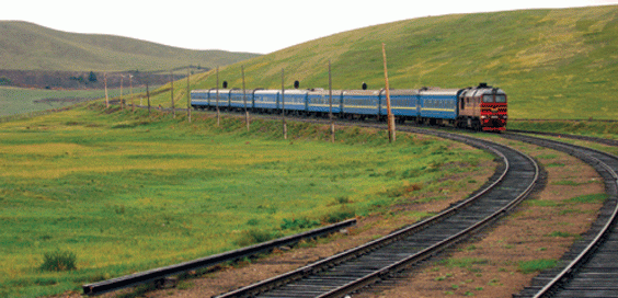 Trans Siberian Railway train snaking through russia blue